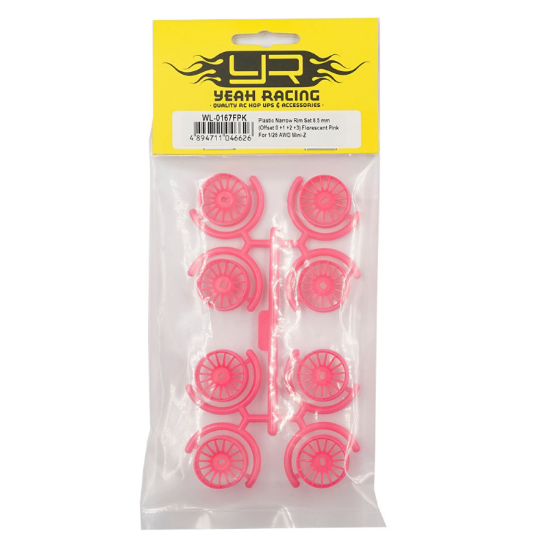 Yeah Racing Schmaler Felge Set 8,5mm (Offset 0 +1 +2 +3) Fluo Pink für 1/28 AWD Mini-Z