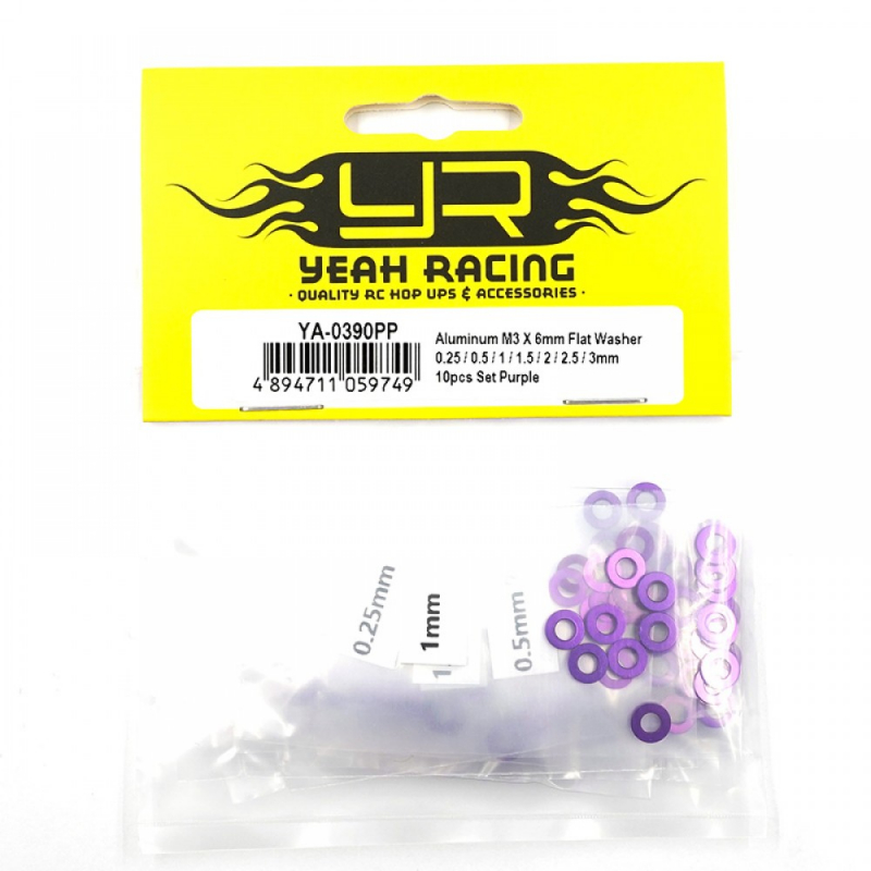 Yeah Racing Aluminium Beilagscheiben Set flach M3 0.25 / 0.5 / 1 / 1.5 / 2 / 2.5 / 3mm (purple)