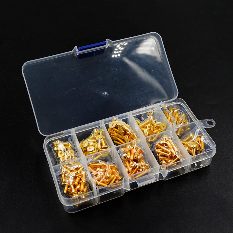 High Quality Schrauben Set aus Stahl - Goldbeschichtet - 250 Stück - inkl.Box
