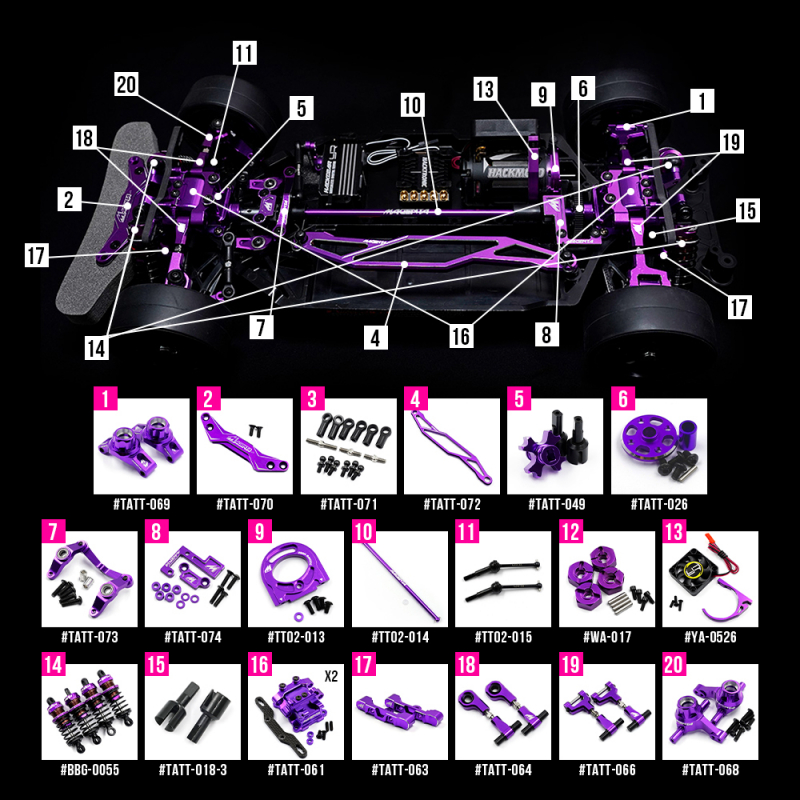 Yeah Racing Magenta Aluminum Conversion Kit For Tamiya TT02 Purple