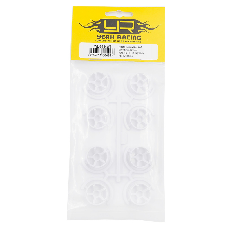 Preview: Yeah Racing Kunststoff-Felgensatz RWD, schmal, 8,5 × 20 mm, Offset 0 / +1 / +1,5 / +2, Weiß, für 1:28 Mini-Z