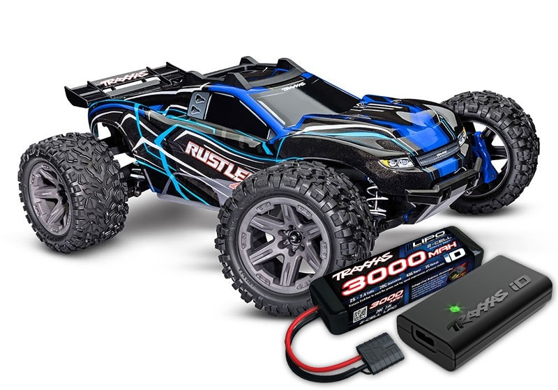 Traxxas Rustler 4x4 BL-2S blau 1/10 Stadium-Truck RTR nP825 BL-2S Brushless, HD-Teile mit 2827X Akku + 2920 Lader