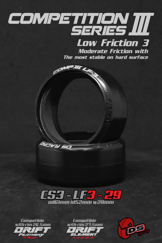 DS Racing Comp III LF3 29mm Drift Reifen Mäßige Reibung, hohe Stabilität auf harten Oberflächen.