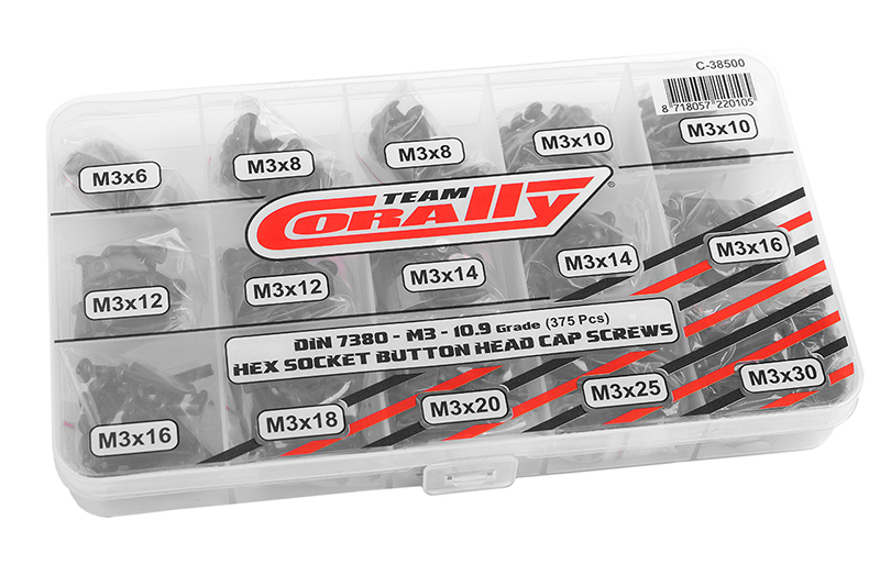 Team Corally – Schraubensatz M3 – Rundkopf– DIN 7380 – Stahl schwarz – 15 Größen – 375-tlg