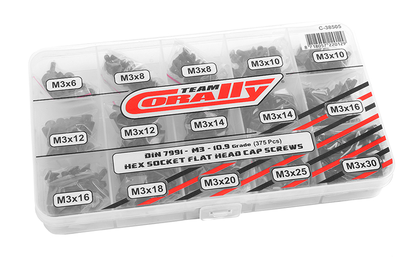 Team Corally – Schraubensatz M3 – Sechskant-Senkkopf – DIN 7991 – Stahl schwarz – 15 Größen – 375-tlg