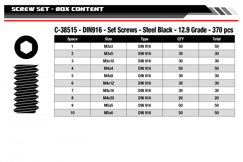 Team Corally - Schraubensatz - M3 - M4 - M5 - DIN 916 - Stahl Schwarz - 10 Größen - 370-tlg