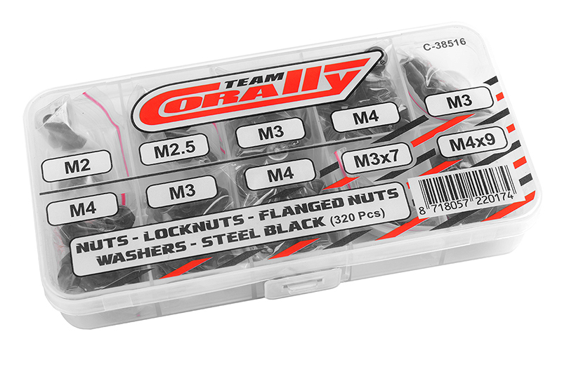 Team Corally – Muttern – Sicherungsmuttern – Unterlegscheiben-Set – M2 – M2,5 – M3 – M4 – Stahl schwarz – 10 Größen – 320 Stück