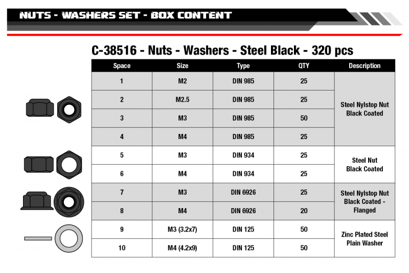 Team Corally – Muttern – Sicherungsmuttern – Unterlegscheiben-Set – M2 – M2,5 – M3 – M4 – Stahl schwarz – 10 Größen – 320 Stück