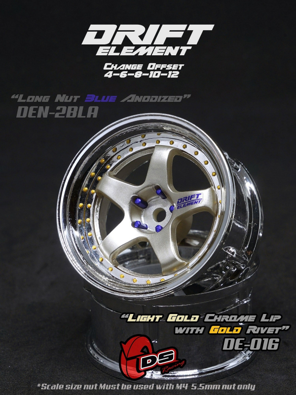 DS Racing DRIFT ELEMENT Adjustable Offset Wheels +Light Gold/Chrome Lip/Gold Rivets+ (2)