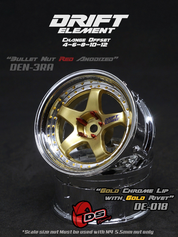 DS Racing DRIFT ELEMENT Adjustable Offset Wheels +Gold/Chrome Lip/Gold Rivets+ (2)