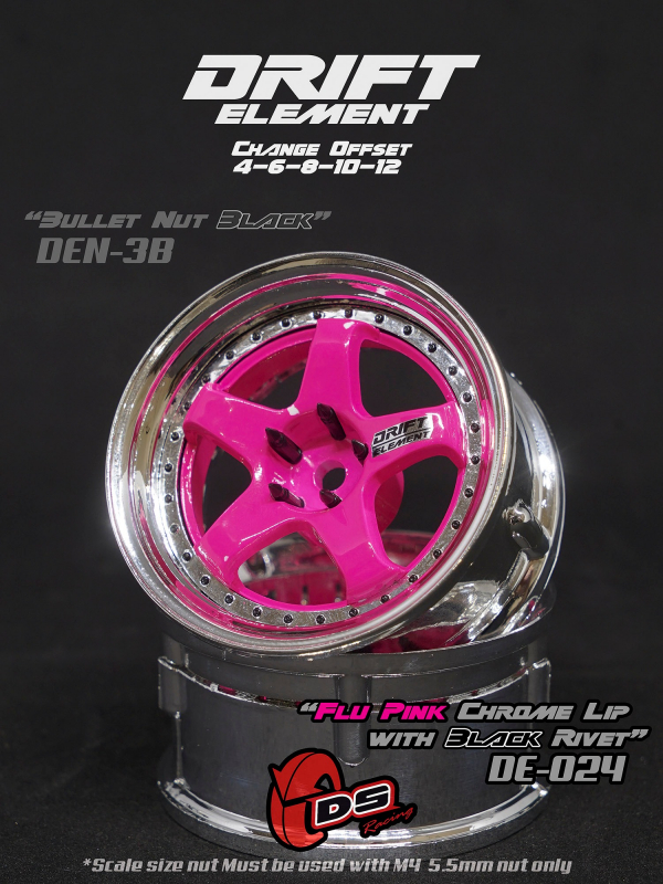 DS Racing DRIFT ELEMENT Felgen +Flu Pink/Chrome Lip/Black Rivets+ offset einstellbar (2)