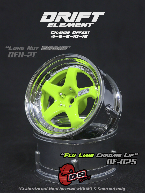 DS Racing DRIFT ELEMENT Adjustable Offset Wheels +5 Spokes Flu Lime Chrome Lip+ (2)