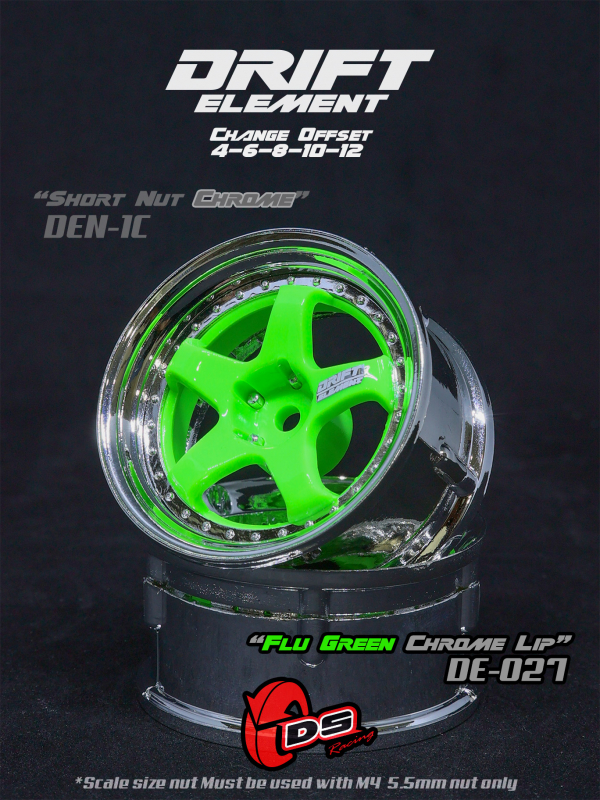 DS Racing DRIFT ELEMENT Felgen +5 Spokes Flu Green/Chrome Lip+ offset einstellbar (2)