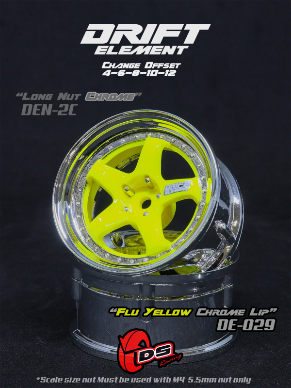 DS Racing DRIFT ELEMENT Felgen +5 Spokes Flu Yellow/Chrome Lip+ offset einstellbar (2)