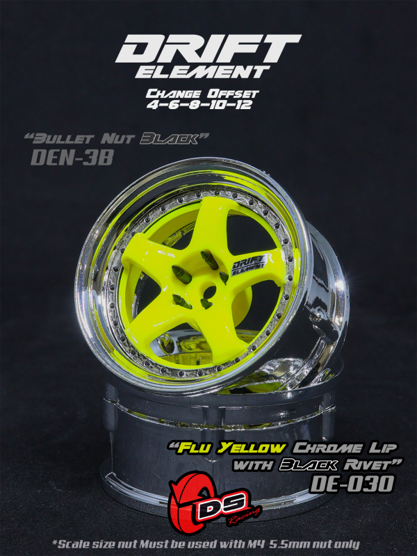 DS Racing DRIFT ELEMENT Adjustable Offset Wheels +5 Spokes Flu Yellow/Chrome Lip with Black Rivets+ (2)