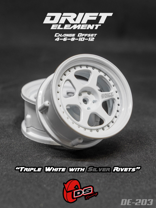 DS Racing DRIFT ELEMENT II Adjustable Offset Wheels +Triple White with Silver Rivets+ (2)