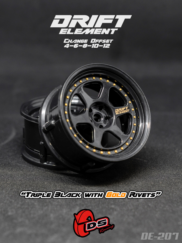 DS Racing DRIFT ELEMENT II Adjustable Offset Wheels +Triple Black with Gold Rivets+ (2)