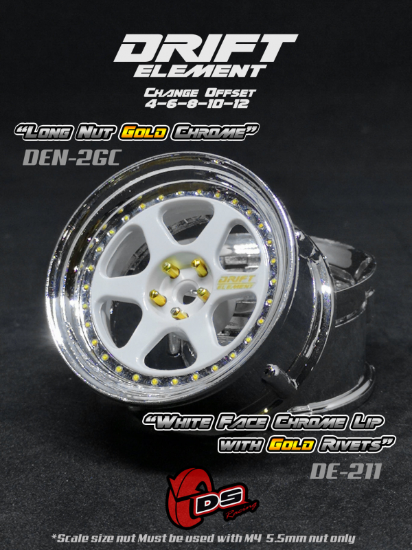 DS Racing DRIFT ELEMENT II Adjustable Offset Wheels +White/Chrome Lip/Gold Rivets+ (2)