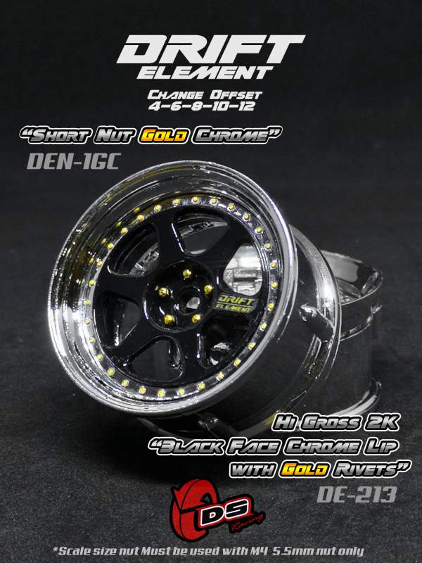 DS Racing DRIFT ELEMENT II Adjustable Offset Wheels +Black/Chrome Lip/Gold Rivets+ (2)