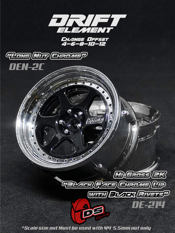 DS Racing DRIFT ELEMENT II Adjustable Offset Wheels +Black/Chrome Lip/Black Rivets+ (2)