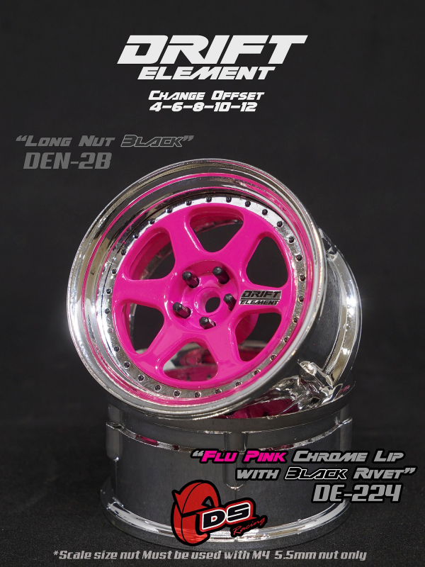 DS Racing DRIFT ELEMENT II Adjustable Offset Wheels +Flu Pink/Chrome Lip/Black Rivets+ (2)