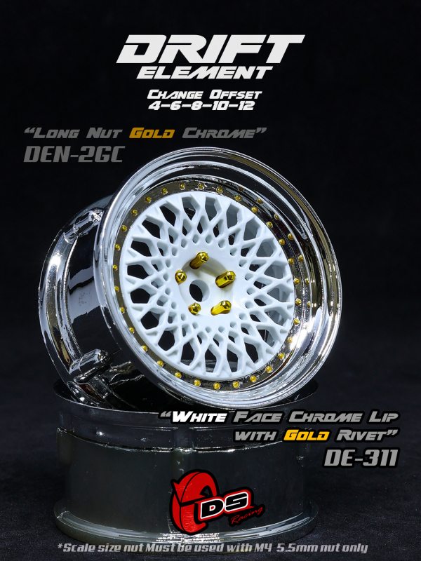 DS Racing DRIFT ELEMENT Adjustable Offset Wheels Mesh (White /Chrome Lip/Gold Rivets) (2)