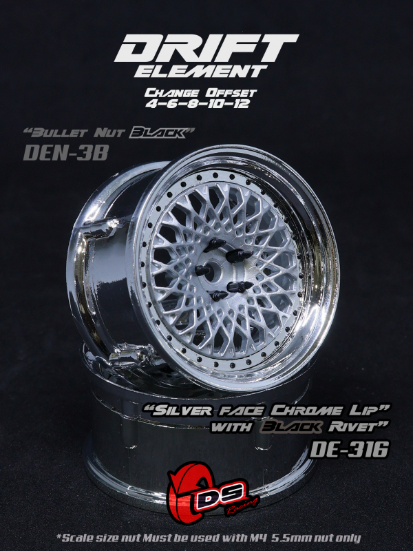 DS Racing DRIFT ELEMENT Felgen Mesh (Silver Face /Chrome Lip /Black Rivets)) - offset einstellbar (2)
