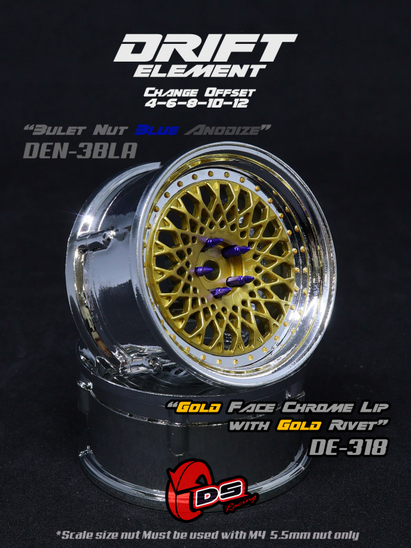 DS Racing DRIFT ELEMENT Felgen Mesh (Gold Face /Chrome Lip /Gold Rivets) - offset einstellbar (2)
