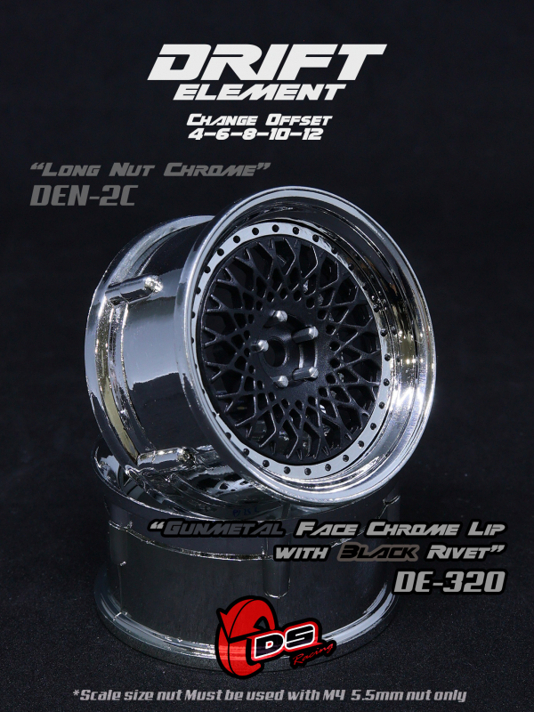 DS Racing DRIFT ELEMENT Felgen Mesh (Gunmetal Face /Chrome Lip /Black Rivets) - offset einstellbar (2)