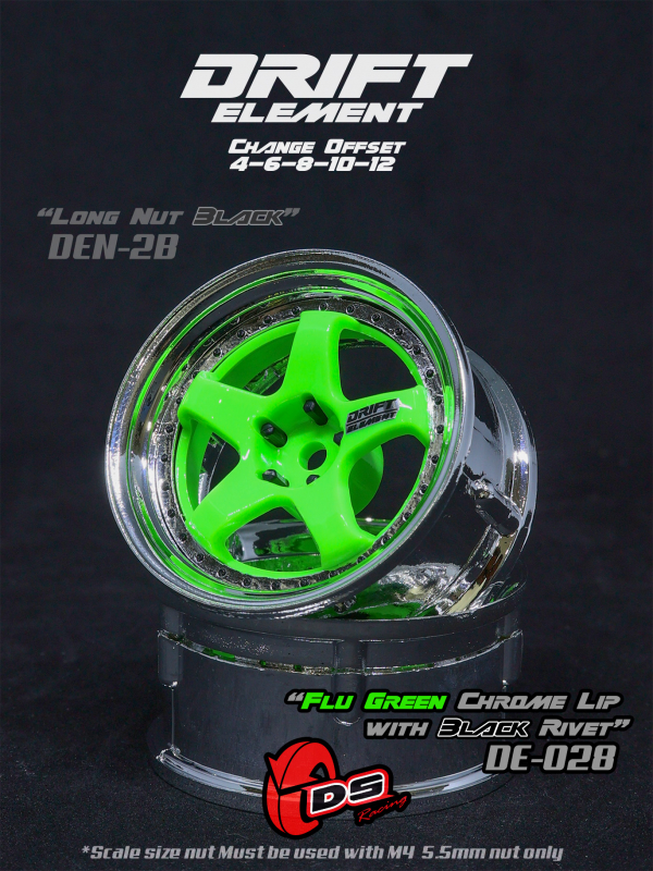 DS Racing DRIFT ELEMENT Felgen +5 Spokes Flu Green/Chrome Lip with Black Rivets+ offset einstellbar (2)