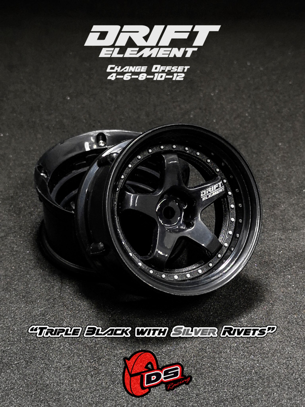 DS Racing DRIFT ELEMENT Adjustable Offset Wheels +Triple Black with Silver Rivets+ (2)