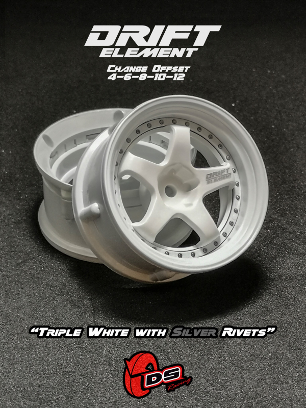 DS Racing DRIFT ELEMENT Adjustable Offset Wheels +Triple White with Silver Rivets+ (2)