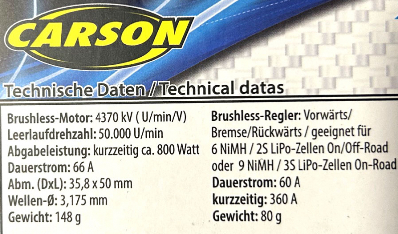 Carson 1/10 Brushless Set Dragster Turbo 4370 KV