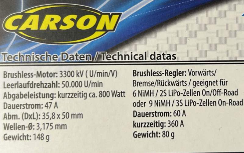 Carson 1/10 Brushless Set Dragster Turbo 3300 KV