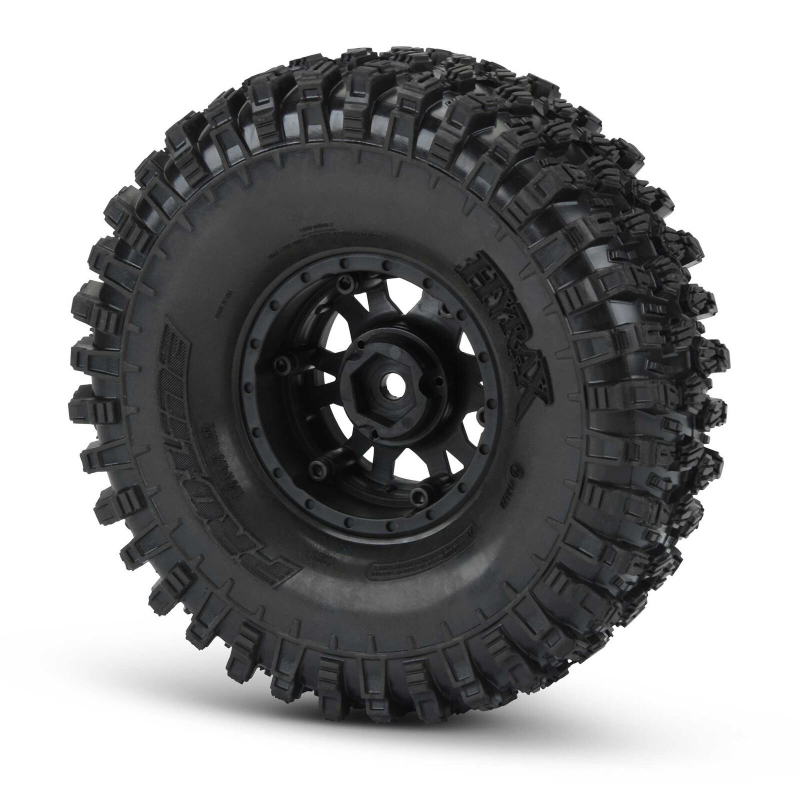 Proline Hyrax 1.9" G8 Rock Terrain TruckTires Mounted on Impulse Black Plastic Internal Bead-Loc Wheels - Kopie