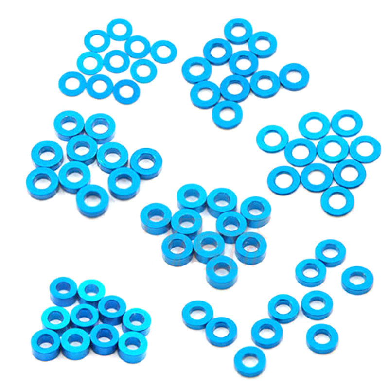 Aluminium Beilagscheiben Set flach M3 0.25 / 0.5 / 1 / 1.5 / 2 / 2.5 / 3mm (blau)