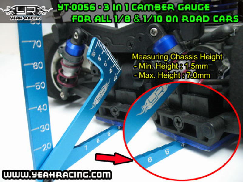 Yeah Racing 3 in 1 Camber Gauge (BU) for all 1/8 & 1/10 on road car - black