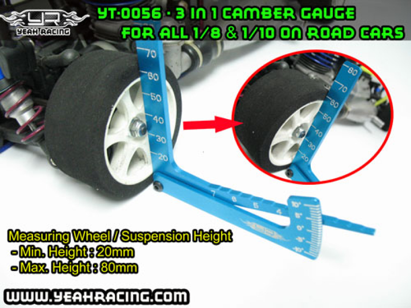 Yeah Racing 3 in 1 Camber Gauge (BU) for all 1/8 & 1/10 on road car - black