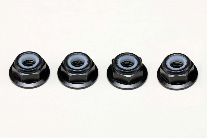 Yokomo Aluminium 4 mm dünne Flanschmuttern mit Nylon-Sicherungsring, Schwarz (4 Stück)