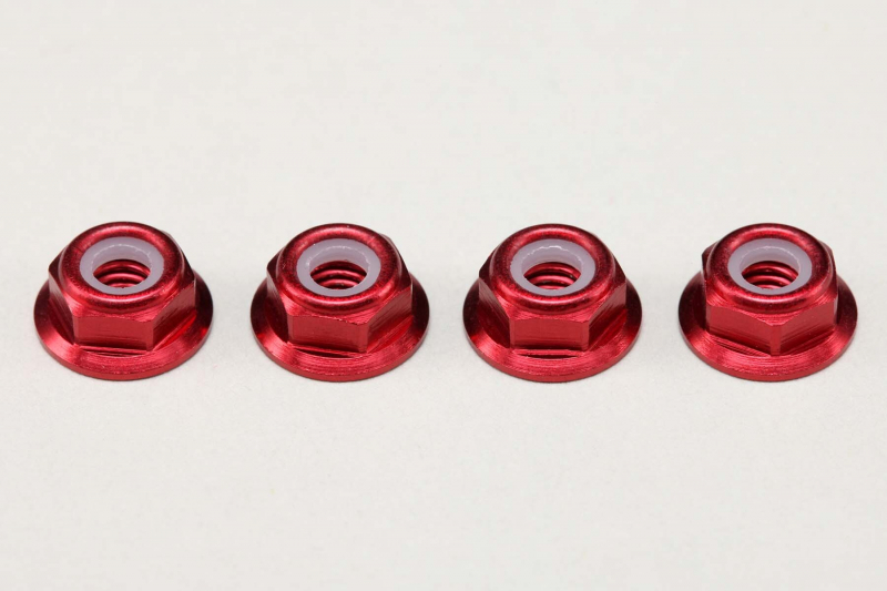 Yokomo Aluminium 4 mm dünne Flanschmuttern mit Nylon-Sicherungsring, Rot (4 Stück)