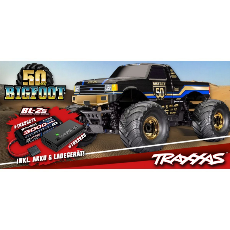 Traxxas Bigfoot 4x4 BL-2S 50TH-Edition 1/10 MonsterTruck RTR BL-2S Brushless, HD-Teile, mit Akku/Lader schwarz mit gold