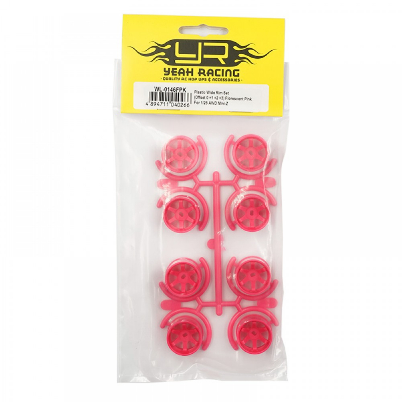 Yeah Racing Plastic Wide Rim Set 11mm (Offset 0 +1 +2 +3) Florescent Pink For 1/28 AWD Mini-Z