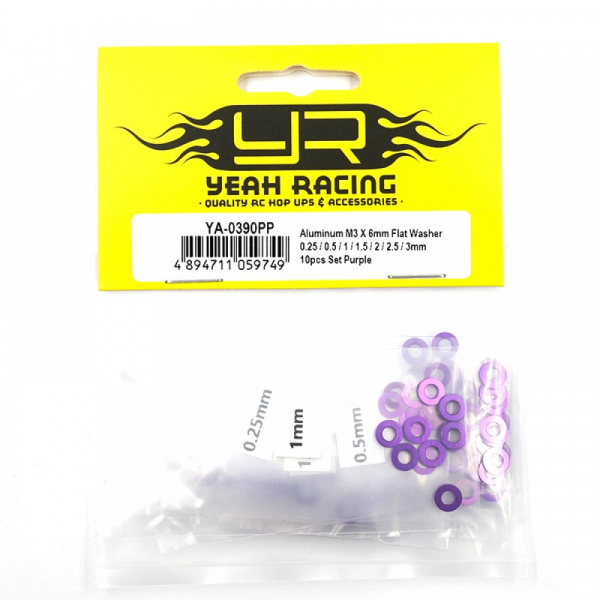 Yeah Racing Aluminium Beilagscheiben Set flach M3 0.25 / 0.5 / 1 / 1.5 / 2 / 2.5 / 3mm (purple)