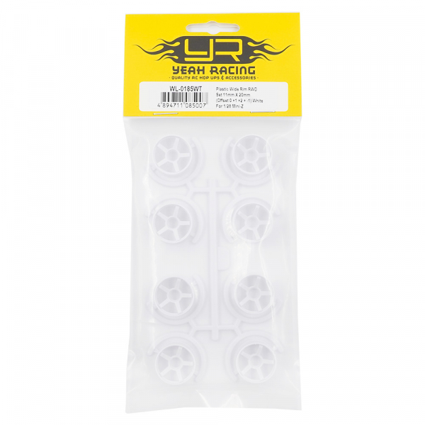 Yeah Racing Kunststoff-Felgensatz RWD, breit, 11 × 20 mm, Offset 0 / +1 / +2 / -1, Weiß, für 1:28 Mini-Z