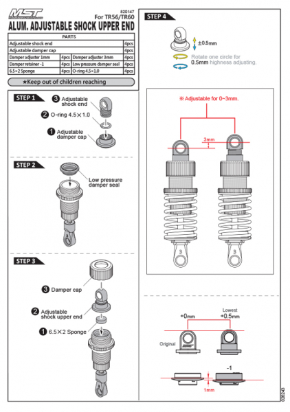 MST Adjustable shock upper end (4) for TR56 and TR60