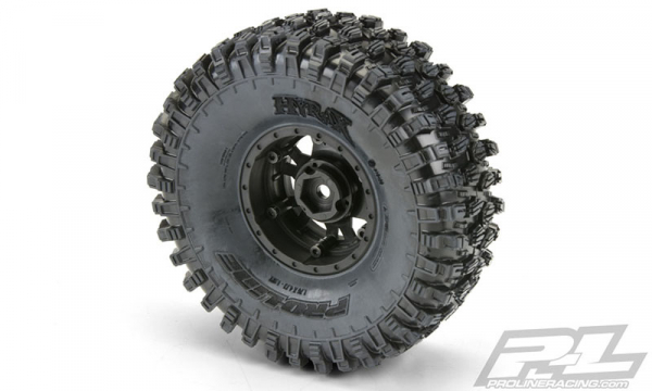 Proline Hyrax 1.9" G8 Rock Terrain TruckTires Mounted on Impulse Black Plastic Internal Bead-Loc Wheels