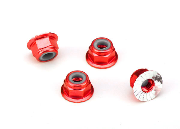 Traxxas Nuts, aluminum, flanged, serrated (4mm) (red-anodized) (4)