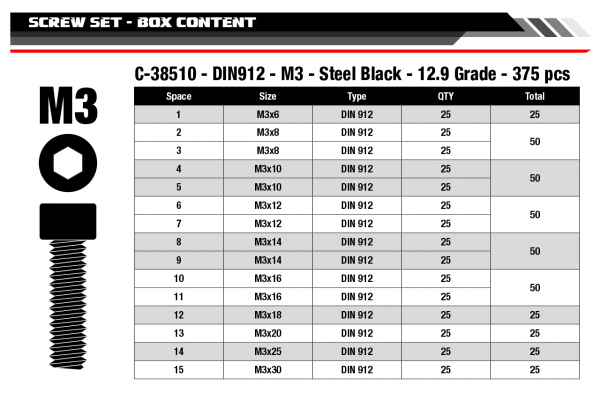 Team Corally – Schraubensatz M3 – Zylinderkopf – DIN912 – Stahl schwarz – 15 Größen – 375-tlg