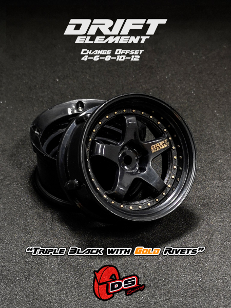 DS Racing DRIFT ELEMENT Adjustable Offset Wheels +Triple Black with Gold Rivets+ (2)