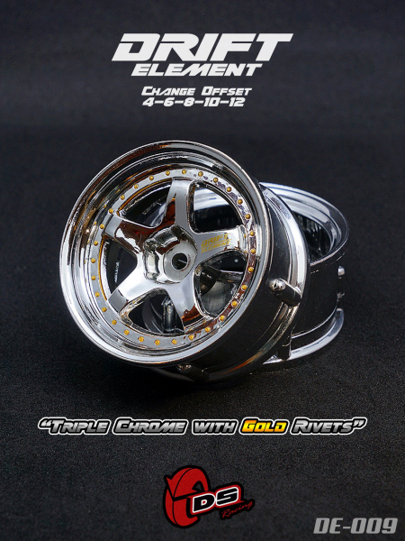 DS Racing DRIFT ELEMENT Adjustable Offset Wheels +Triple Chrome with Gold Rivets+ (2)